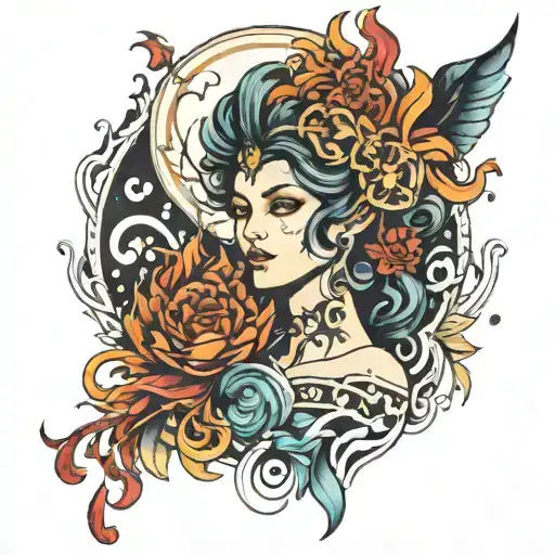 Elemental Goddess Woman tattoo design idea
