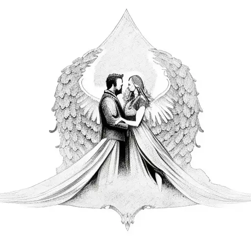 A father and daughter silhouette with St. Michael's wings spread behind them tattoo design idea