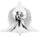 A father and daughter silhouette with St. Michael's wings spread behind them tattoo design idea
