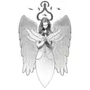 A father and daughter silhouette with St. Michael's wings spread behind them tattoo design idea