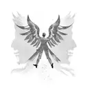A father and daughter silhouette with St. Michael's wings spread behind them tattoo design idea