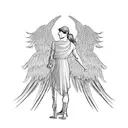 A father and daughter silhouette with St. Michael's wings spread behind them tattoo design idea