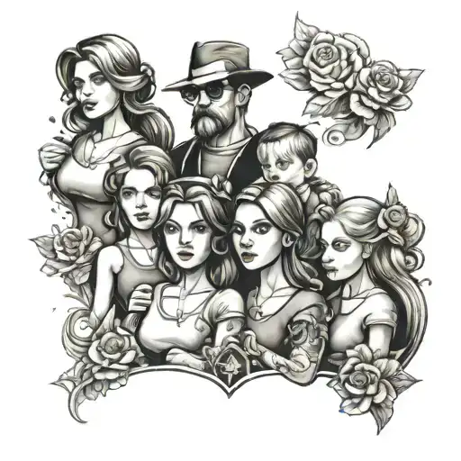 Create a tattoo of a family portrait with the husband, wife, and two daughters, each represented by a symbol of their favorite video game characters tattoo design idea