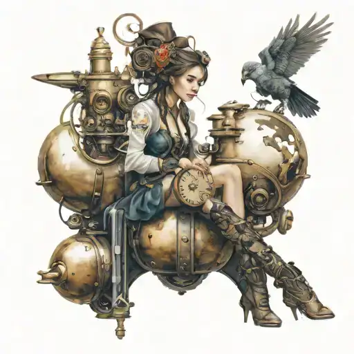 a girl from Russian fairy tales in symbiosis with mechanics and motherboards in the style of steam punk tattoo design idea
