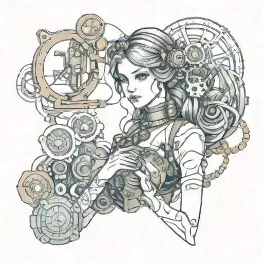 a girl from Russian fairy tales in symbiosis with mechanics and motherboards in the style of steam punk tattoo design idea