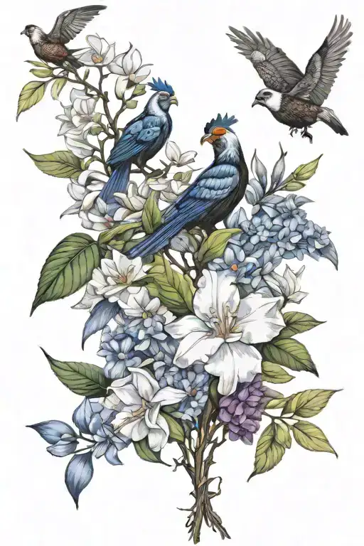 floral arrangement (white magnolias, black gamecock iris, and blue moon phlox) with leaves from cypress and willow trees tattoo design idea