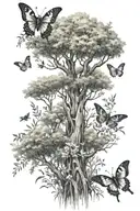 cypress and willow trees with butterflies and bees tattoo design idea