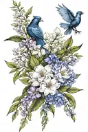 floral arrangement (white magnolias, black gamecock iris, and blue moon phlox) with leaves from cypress and willow trees tattoo design idea