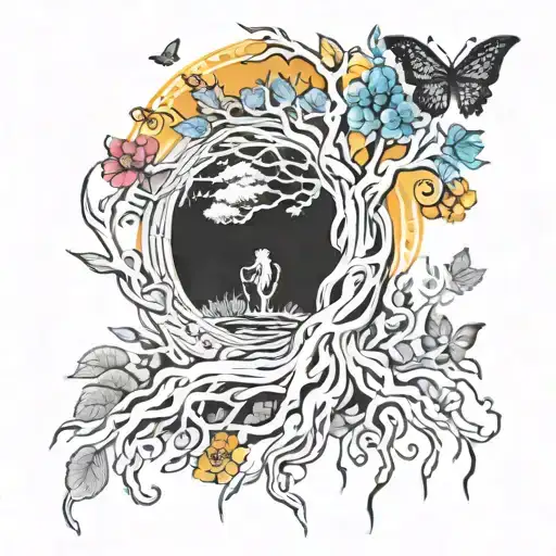A majestic Lord of the Rings inspired tattoo featuring a large tree with intricate roots and branches, surrounded by colorful flowers and butterflies tattoo design idea