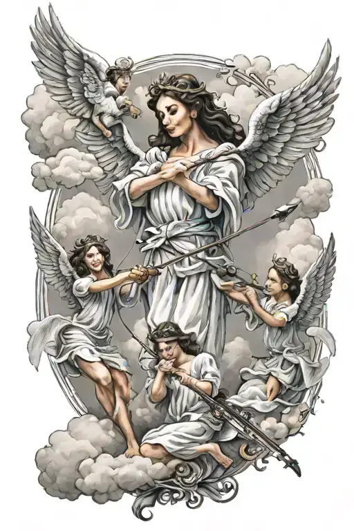 3 angels flying around in different areas holding bow arrows and clouds surrounding them with a scroll wrapping around  tattoo design idea
