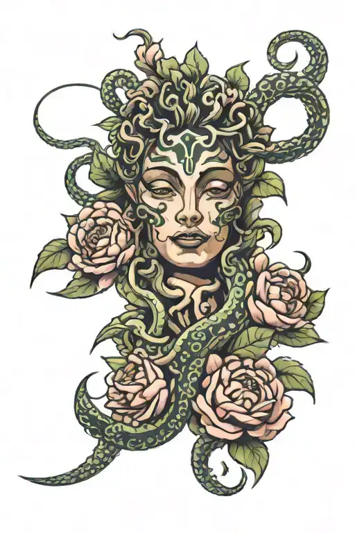 medusa snakes aztec peonies growing inside tattoo design idea