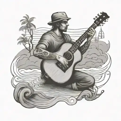 A tattoo of a lone figure playing a guitar in a serene setting, symbolizing the client's love for music and solitude tattoo design idea