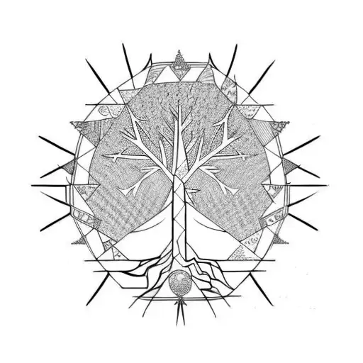 A geometric tree design incorporating mathematical symbols and patterns tattoo design idea
