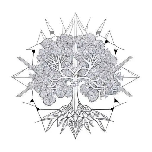 A geometric tree design incorporating mathematical symbols and patterns tattoo design idea