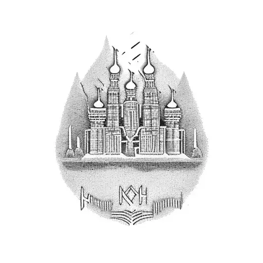 A unique dotwork tattoo showcasing Russian HLM buildings in the distance, with a path representing the bond between a father and his son walking side by side tattoo design idea