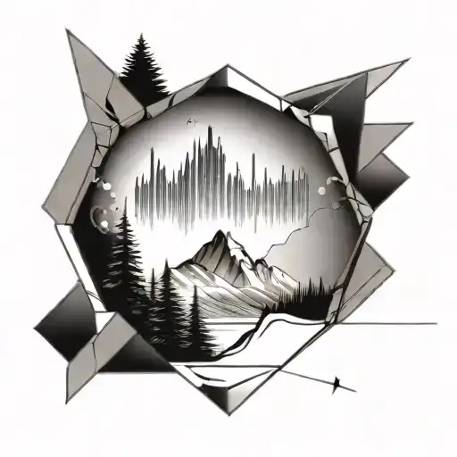 A geometric representation of a soundwave with outdoor scenery inside tattoo design idea
