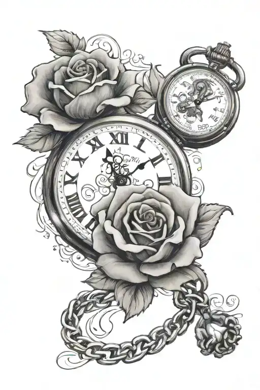 Pocket watch with rose and script writing “Loyalty” tattoo design idea