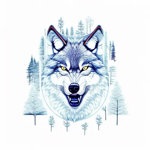 angry wolf in forest with moon tattoo design idea