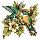 Bradford pear tree flower and hummingbird perched tattoo design idea