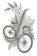 arrow feather with bike, trees and "Fearfully and Wonderfully Made" tattoo design idea