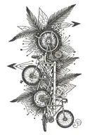 feather arrow with bike, trees and "Fearfully and Wonderfully Made" tattoo design idea