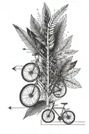 feather arrow with bike, trees and "Fearfully and Wonderfully Made" tattoo design idea