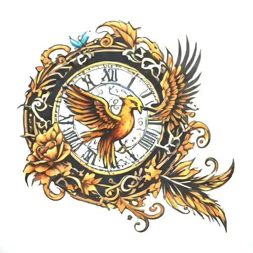phoenix fire and tree of life clock tattoo design idea