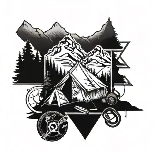 A mountain range with a tent at the base and tools of the trade scattered around, symbolizing your passion for construction and the outdoors tattoo design idea