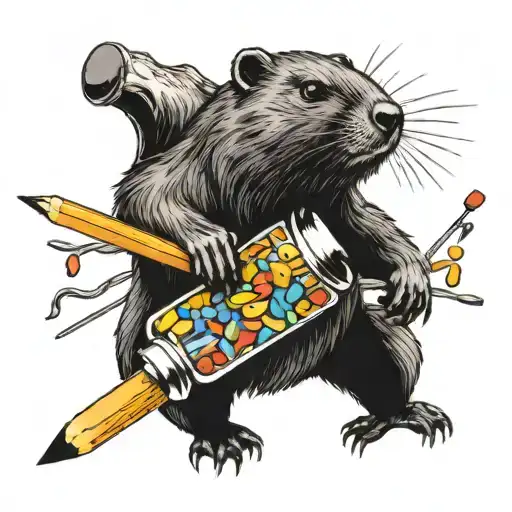 a bottle of multi vitamins transforming into a beaver riding two pencils tattoo design idea