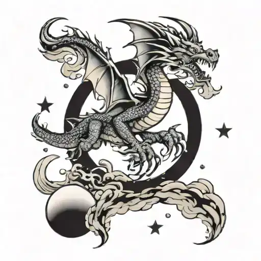 dragon flying to the moon tattoo design idea