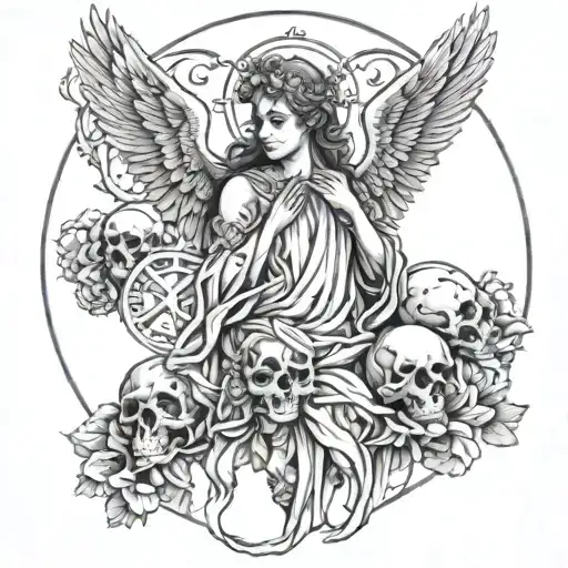 A hauntingly beautiful angel with a halo of skulls, symbolizing the balance between life and death tattoo design idea