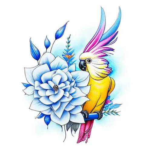 cockatoo with blue flowers tattoo design idea