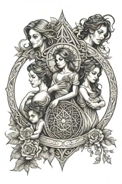 mother with son and daughter in hourglass tree of life Pisces  tattoo design idea