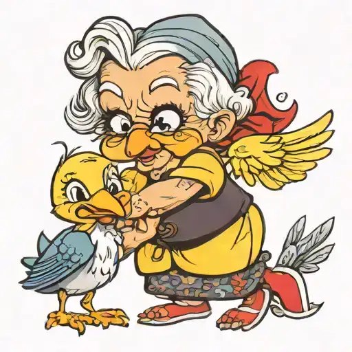Looney Toones granny with tweety bird hugging tattoo design idea