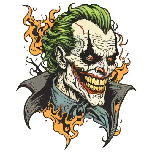 Joker in skull and flames coming tattoo design idea