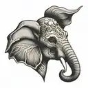front view elephant head, left half alive, right half skull tattoo design idea
