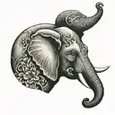 front view elephant head, left half alive, right half skull tattoo design idea