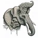front view elephant head, left half alive, right half skull tattoo design idea