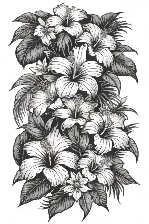 palm frands and hibiscus flowers and plumeria flowers masculine design tattoo design idea