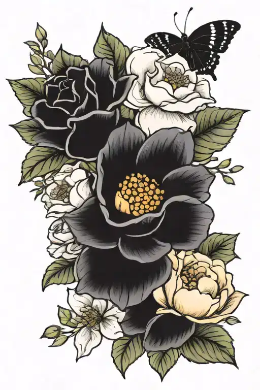 January, October and November birth flower bouquet  tattoo design idea