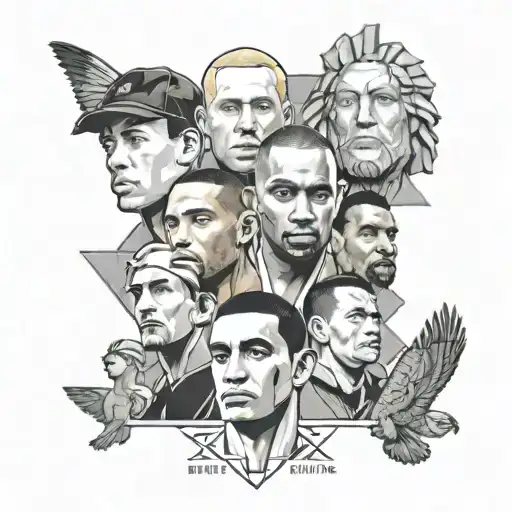 black and white tattoo of faces of eminem, kobe bryant, sergio ramas, cristiano ronaldo with mount rushmore theme tattoo design idea