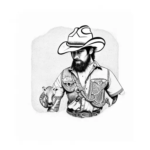 A dotwork tattoo of a cowboy construction worker with animal companions tattoo design idea