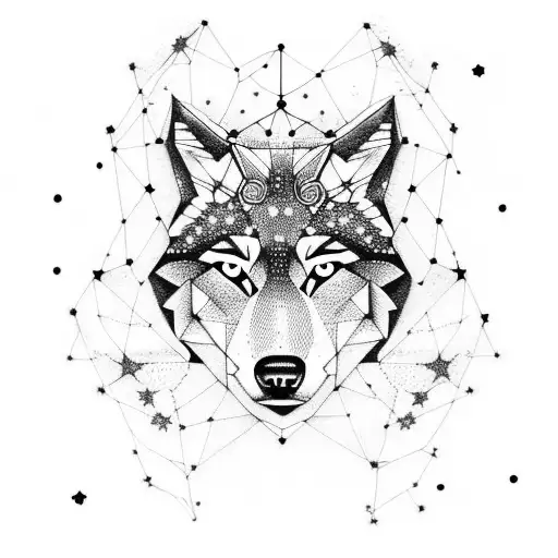 A constellation of stars forming a wolf in dotwork style tattoo design idea