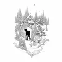 An intricate map of a ski resort with a wolf silhouette integrated into the design in dotwork style tattoo design idea