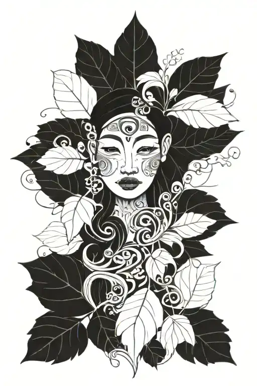 A vertical design featuring Pachamama, with a small, delicate face surrounded by Leaves and vines that wrap tattoo design idea