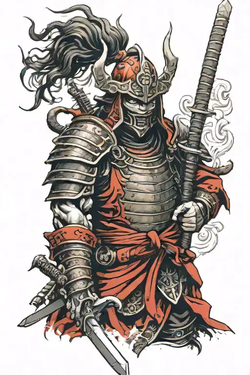 Demon Samurai wearing red and black armour tattoo design idea