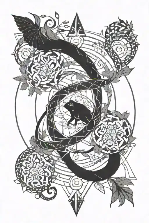 Ouroboros, nordic goddess, black feather, nordic tree of life tattoo design idea