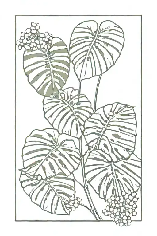 minimalist, two monstera leaves with small flowers, minimalist tattoo stencil tattoo design idea