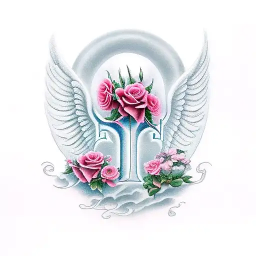 Realism with elements of chicano, clouds, angels, roses, numbers, wings, inscriptions, rays tattoo design idea
