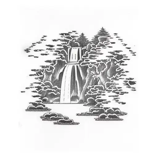 A serene waterfall cascading into a peaceful pond tattoo design idea